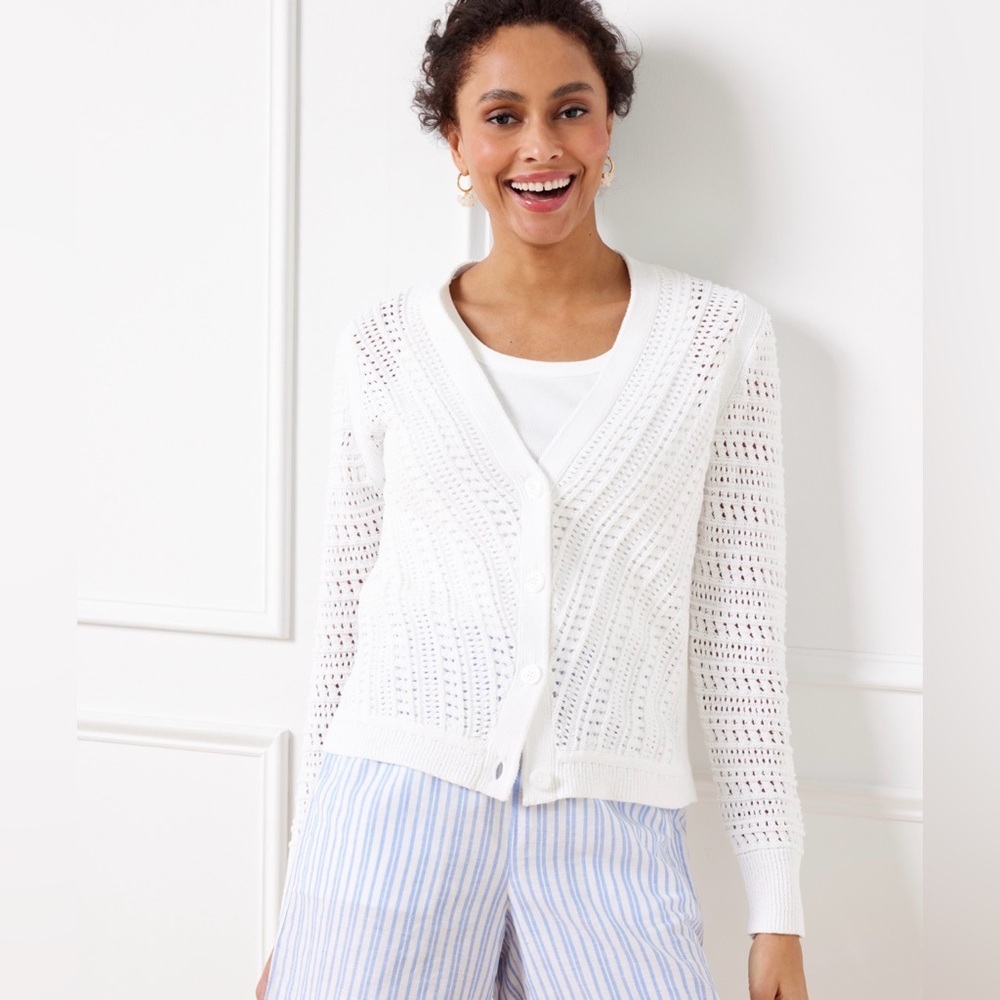 TALBOTS POINTELLE KNIT V-NECK CARDIGAN MP spring church